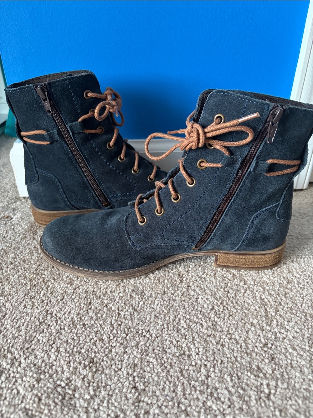 Navy BlueSuede Lace-Up Ankle Boots with Brown Laces - Picture 4 of 4